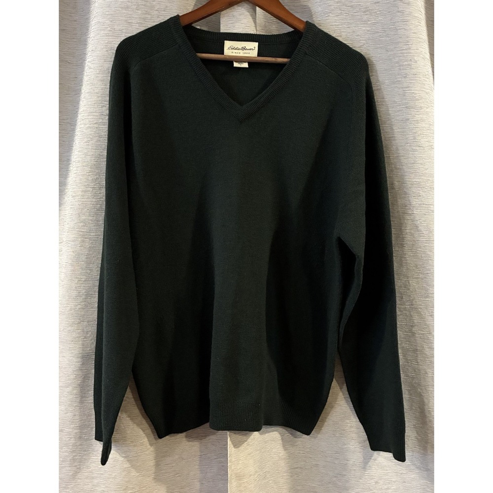 Vintage Eddie Bauer Green V-Neck‎ Sweater 100% Wool Men's Size Large